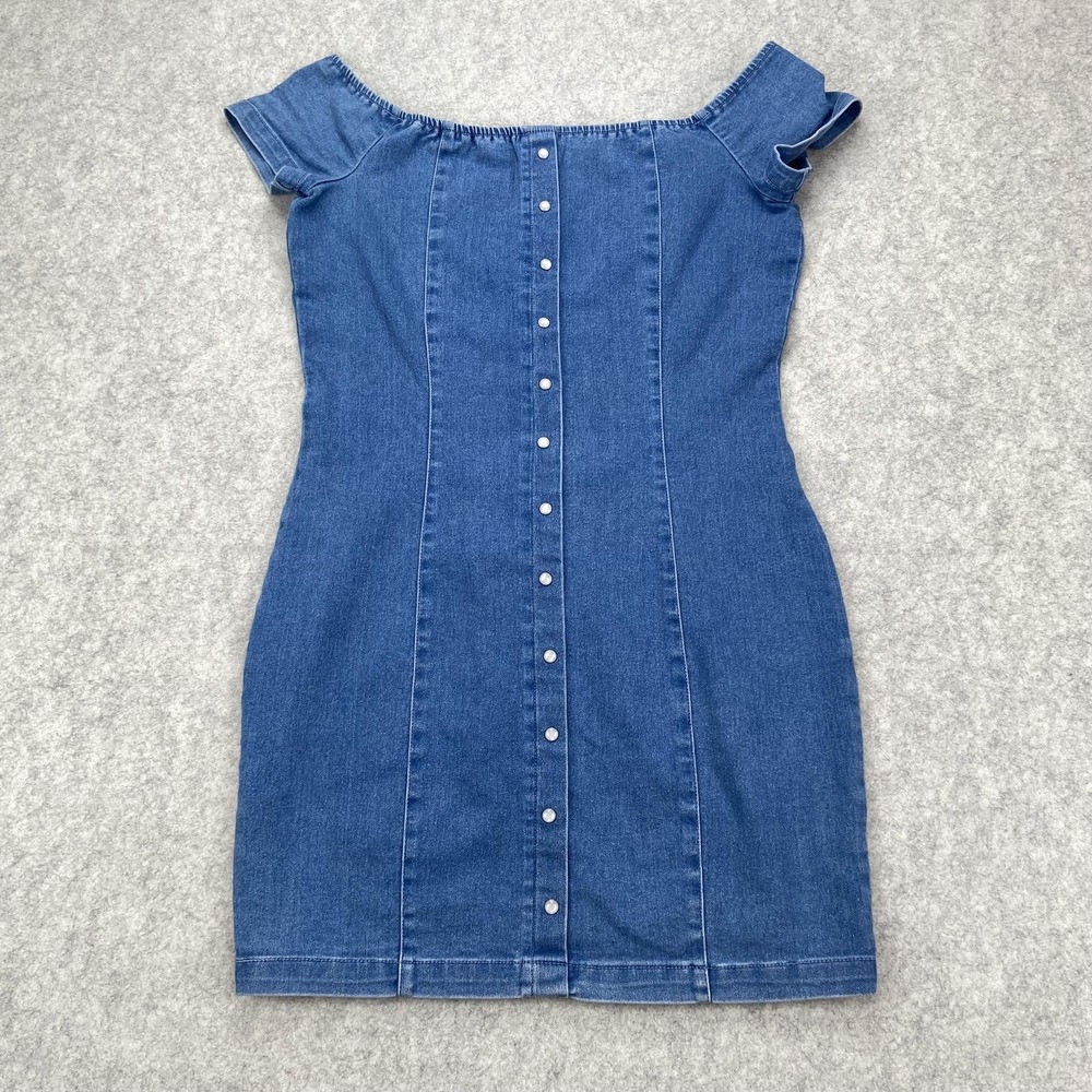 IRIS Dress Womens Medium Blue Denim Off Shoulder Button Front Bodycon Mini